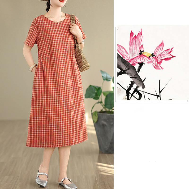 Buddha Stones Commute Plaid Pattern Simple Design Cotton Linen Short Sleeve Midi Dress With Pockets - image 5