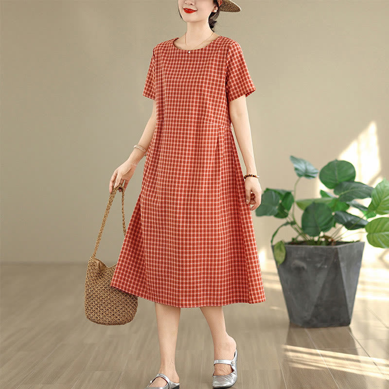 Buddha Stones Commute Plaid Pattern Simple Design Cotton Linen Short Sleeve Midi Dress With Pockets - image 3
