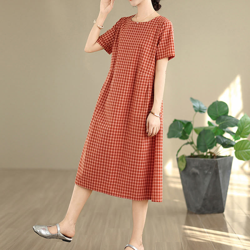 Buddha Stones Commute Plaid Pattern Simple Design Cotton Linen Short Sleeve Midi Dress With Pockets - image 4