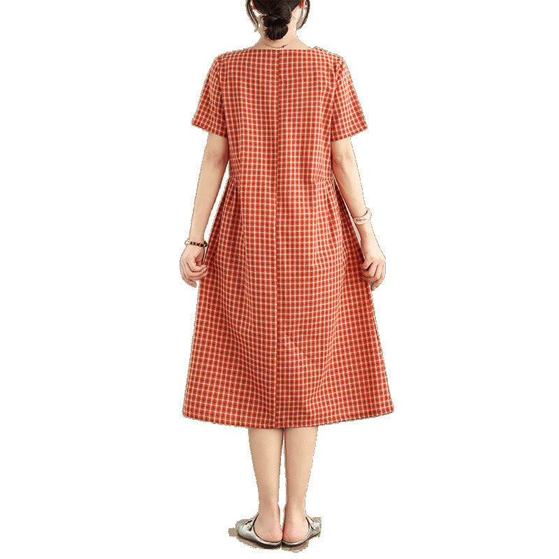 Buddha Stones Commute Plaid Pattern Simple Design Cotton Linen Short Sleeve Midi Dress With Pockets - image 7
