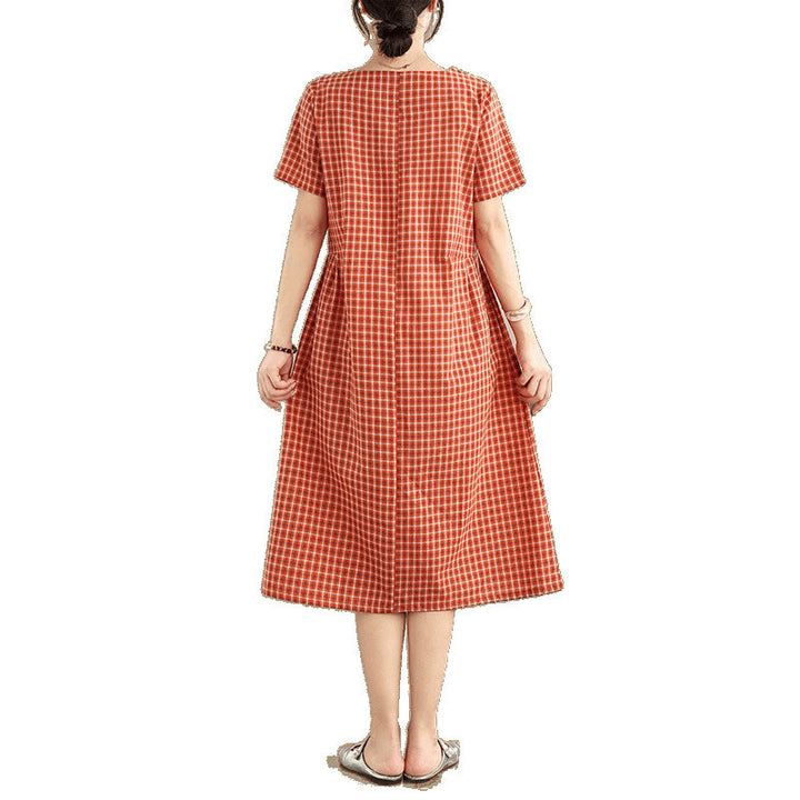 Buddha Stones Commute Plaid Pattern Simple Design Cotton Linen Short Sleeve Midi Dress With Pockets - image 6