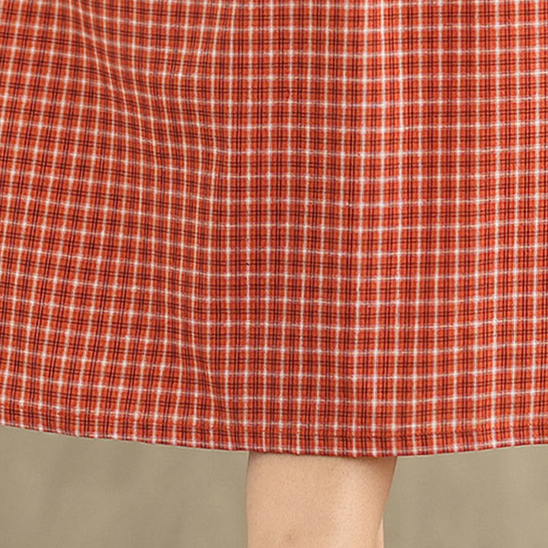 Buddha Stones Commute Plaid Pattern Simple Design Cotton Linen Short Sleeve Midi Dress With Pockets - image 12