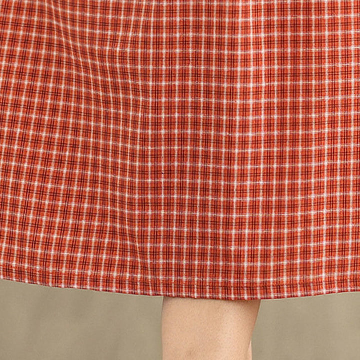 Buddha Stones Commute Plaid Pattern Simple Design Cotton Linen Short Sleeve Midi Dress With Pockets - image 12