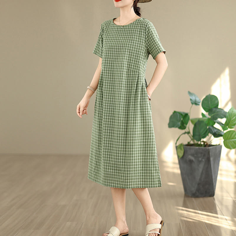 Buddha Stones Commute Plaid Pattern Simple Design Cotton Linen Short Sleeve Midi Dress With Pockets - image 16