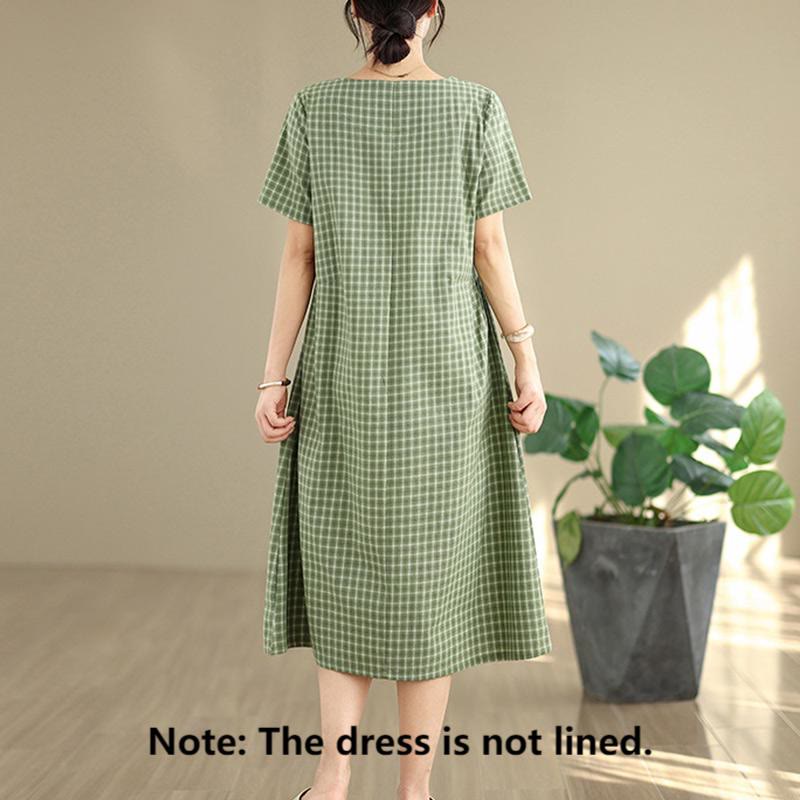 Buddha Stones Commute Plaid Pattern Simple Design Cotton Linen Short Sleeve Midi Dress With Pockets - image 14