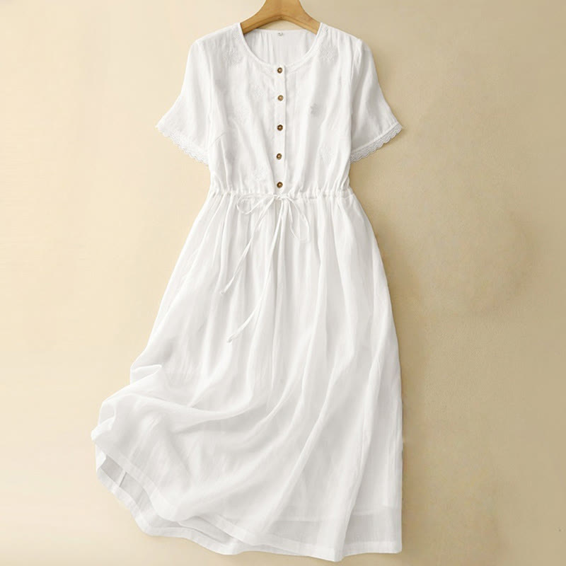 Buddha Stones Commute Embroidery Pleated Button Drawstring Design Cotton Linen Ruffled Short Sleeve Midi Dress - White - US8-10，UK/AU12-14，EU40-42 (2XL) - image 0