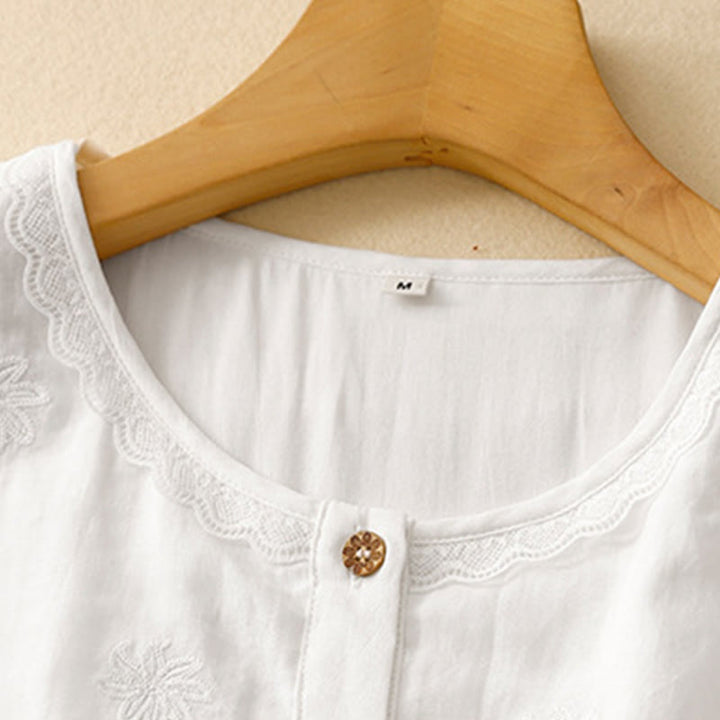 Buddha Stones Commute Embroidery Pleated Button Drawstring Design Cotton Linen Ruffled Short Sleeve Midi Dress - image 3