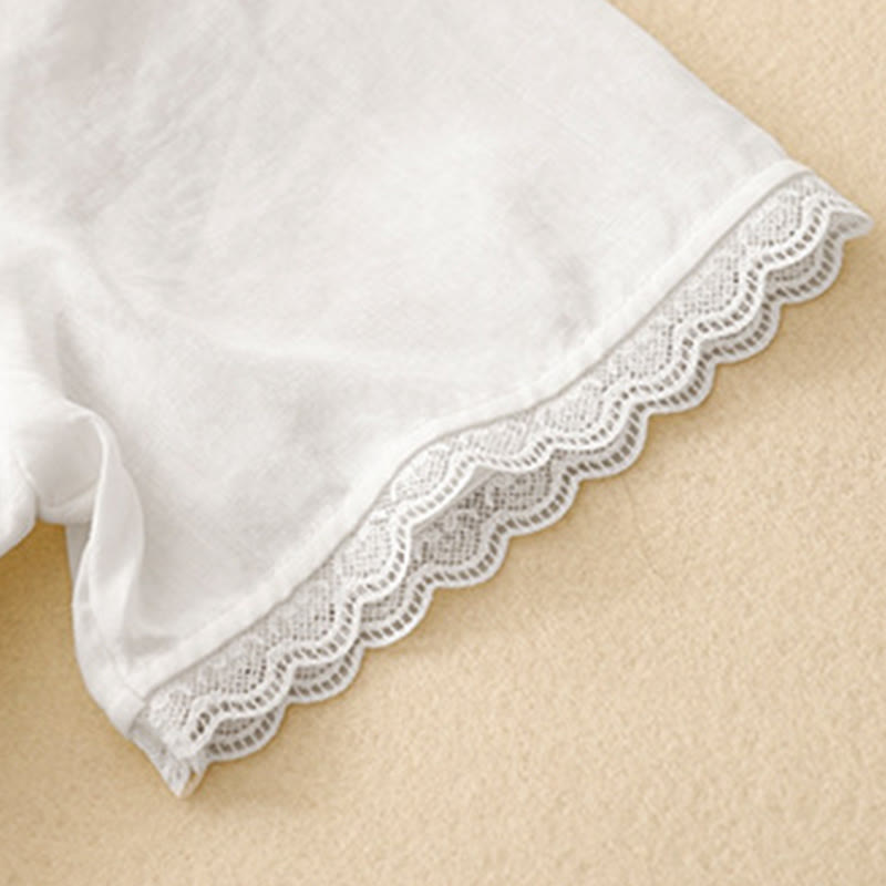 Buddha Stones Commute Embroidery Pleated Button Drawstring Design Cotton Linen Ruffled Short Sleeve Midi Dress - image 7