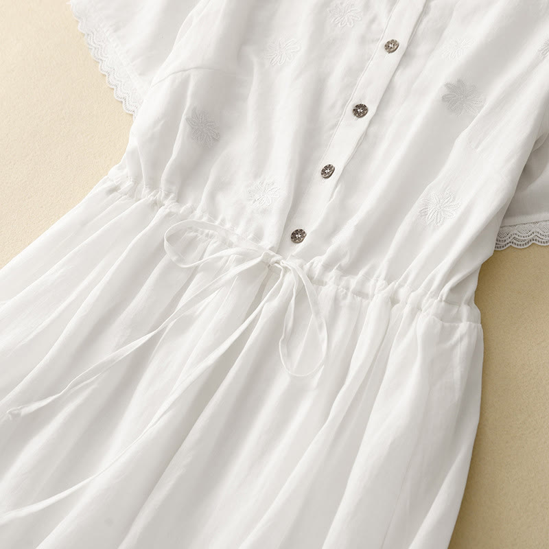 Buddha Stones Commute Embroidery Pleated Button Drawstring Design Cotton Linen Ruffled Short Sleeve Midi Dress - image 2