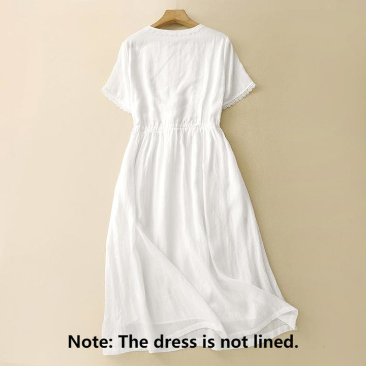 Buddha Stones Commute Embroidery Pleated Button Drawstring Design Cotton Linen Ruffled Short Sleeve Midi Dress - image 1