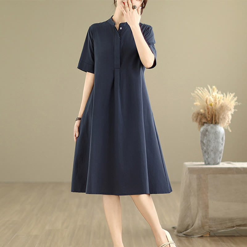 Buddha Stones Commute Plaid Pattern Simple Design Cotton Half Sleeve Midi Dress With Pockets - MidnightBlue - US8-10，UK/AU12-14，EU40-42 (2XL) - image 0