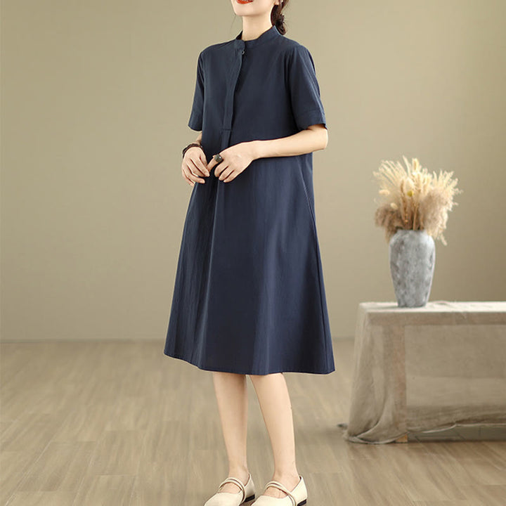 Buddha Stones Commute Plaid Pattern Simple Design Cotton Half Sleeve Midi Dress With Pockets - image 3