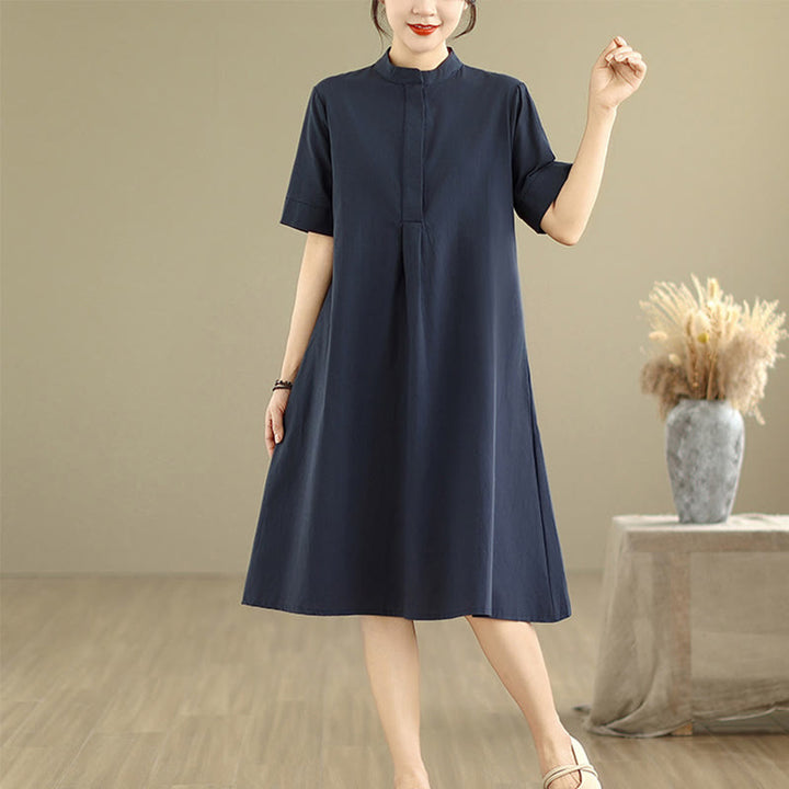 Buddha Stones Commute Plaid Pattern Simple Design Cotton Half Sleeve Midi Dress With Pockets - image 5