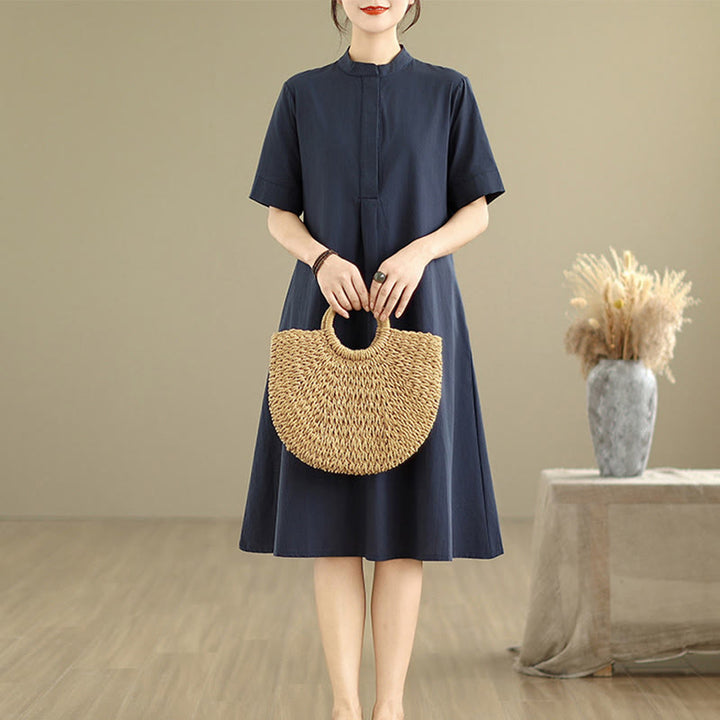 Buddha Stones Commute Plaid Pattern Simple Design Cotton Half Sleeve Midi Dress With Pockets - image 2