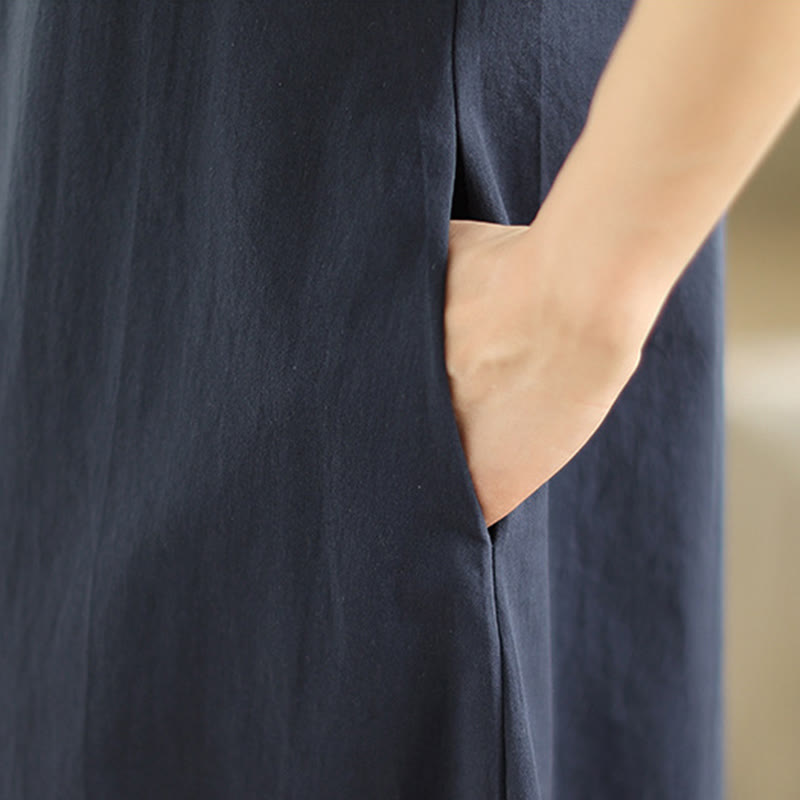 Buddha Stones Commute Plaid Pattern Simple Design Cotton Half Sleeve Midi Dress With Pockets - image 8