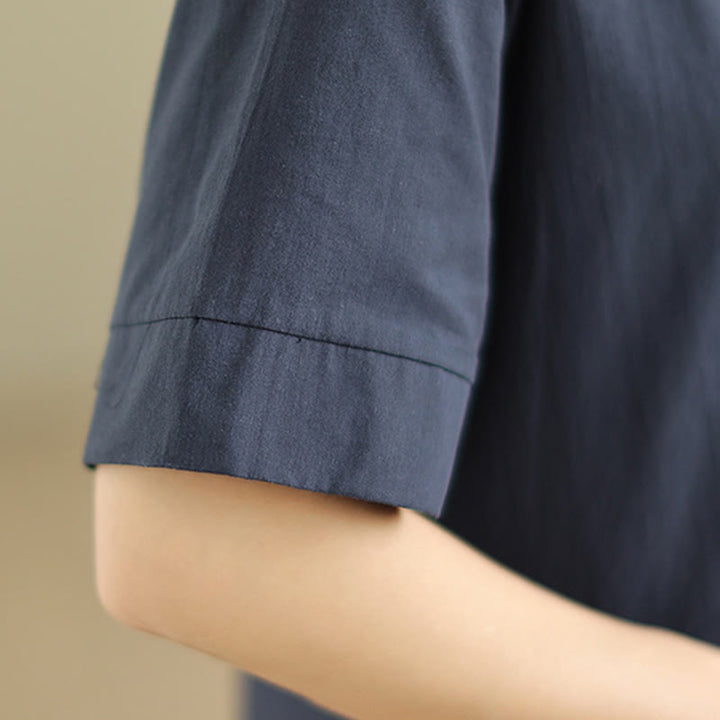 Buddha Stones Commute Plaid Pattern Simple Design Cotton Half Sleeve Midi Dress With Pockets - image 7