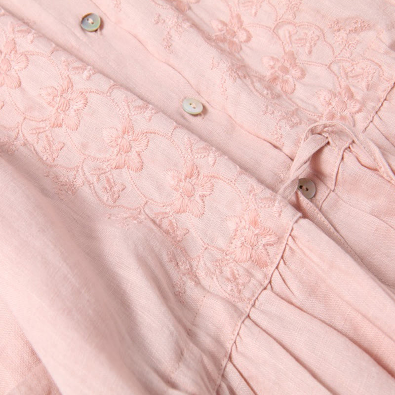 Buddha Stones Fall Vintage Embroidery Button Drawstring Design Cotton Linen Long Sleeve Midi Dress With Pockets - image 9