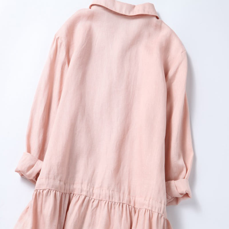 Buddha Stones Fall Vintage Embroidery Button Drawstring Design Cotton Linen Long Sleeve Midi Dress With Pockets - image 6