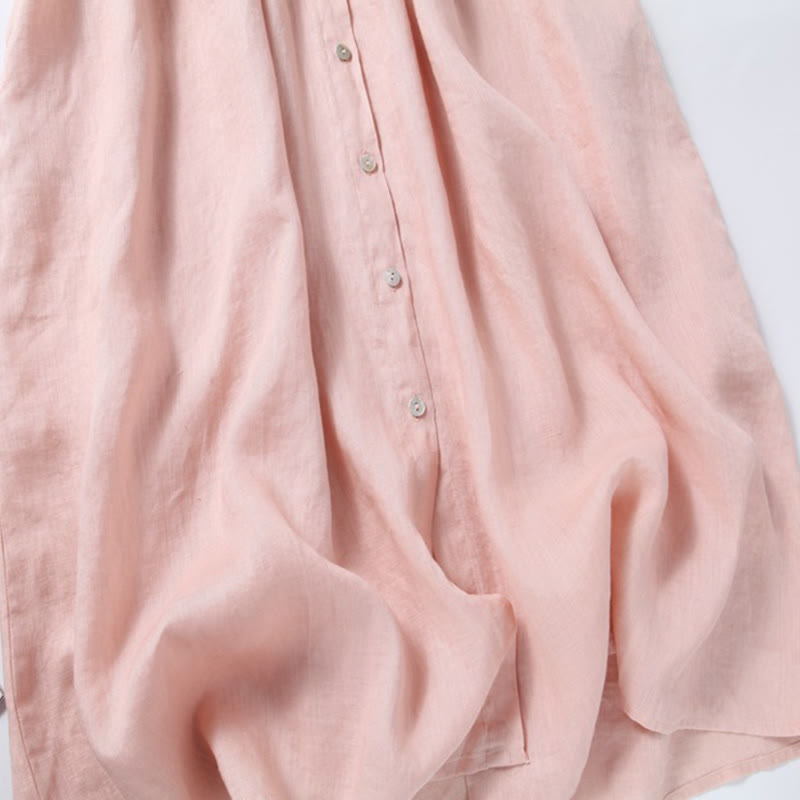 Buddha Stones Fall Vintage Embroidery Button Drawstring Design Cotton Linen Long Sleeve Midi Dress With Pockets - image 11