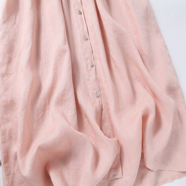 Buddha Stones Fall Vintage Embroidery Button Drawstring Design Cotton Linen Long Sleeve Midi Dress With Pockets - image 11