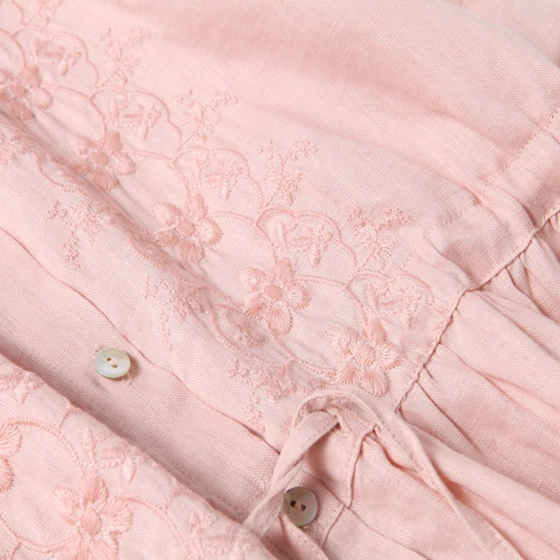 Buddha Stones Fall Vintage Embroidery Button Drawstring Design Cotton Linen Long Sleeve Midi Dress With Pockets - image 10