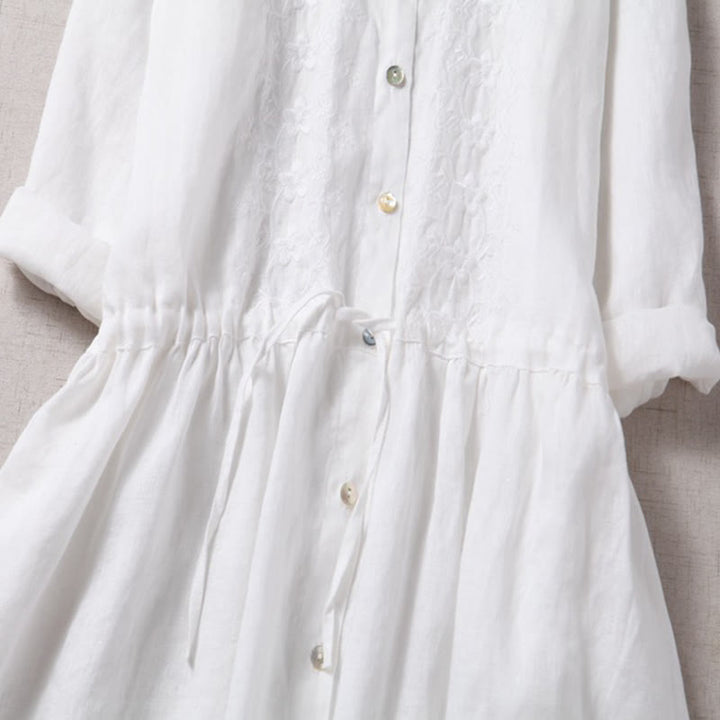 Buddha Stones Fall Vintage Embroidery Button Drawstring Design Cotton Linen Long Sleeve Midi Dress With Pockets - image 15