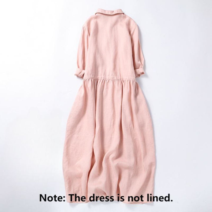 Buddha Stones Fall Vintage Embroidery Button Drawstring Design Cotton Linen Long Sleeve Midi Dress With Pockets - image 1