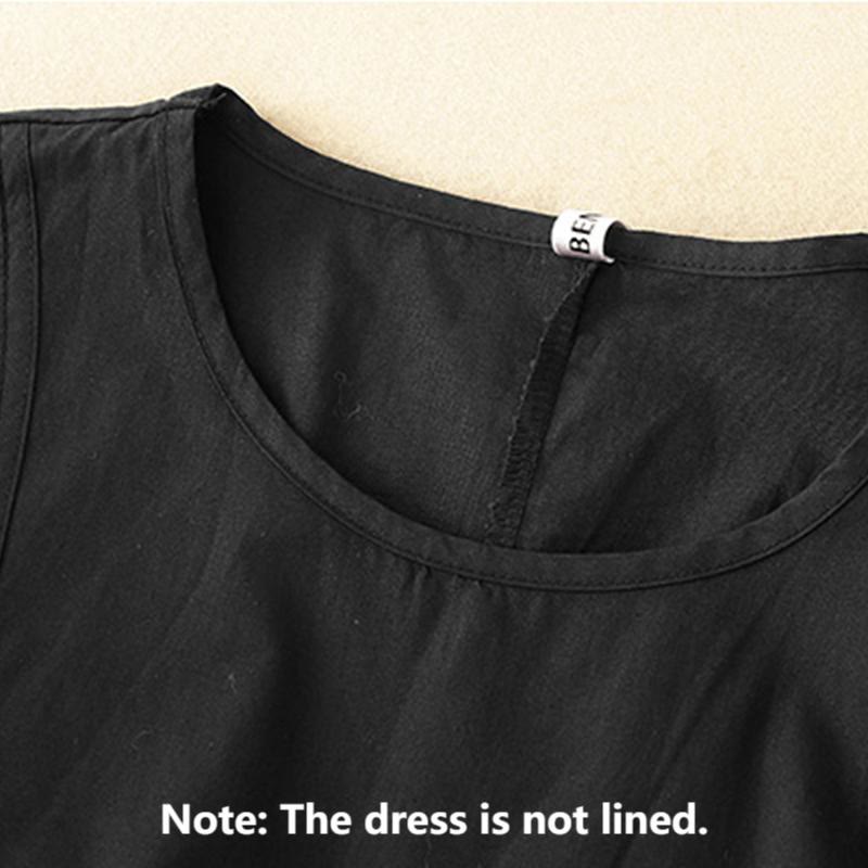 Buddha Stones Vintage Lace-Up Simple Design Cotton Linen Three Quarter Puff Sleeve Midi Dress With Pockets - image 8