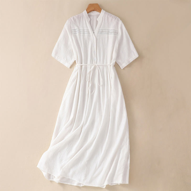 Buddha Stones Summer Plain Hollow Jacquard Design Cotton Short Sleeve Midi Dress With Pockets - White - US8-10，UK/AU12-14，EU40-42 (2XL) - image 0