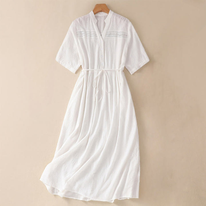 Buddha Stones Summer Plain Hollow Jacquard Design Cotton Short Sleeve Midi Dress With Pockets - White - US8-10，UK/AU12-14，EU40-42 (2XL) - image 0