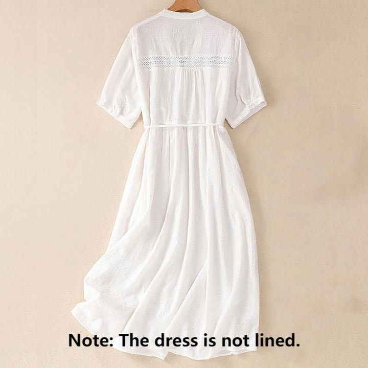 Buddha Stones Summer Plain Hollow Jacquard Design Cotton Short Sleeve Midi Dress With Pockets - image 1
