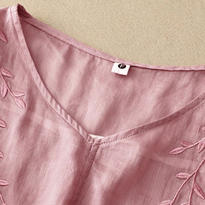 Buddha Stones Casual Plain Embroidery Willow Leaf Half Sleeve V-neck Women's Shirt - image 2