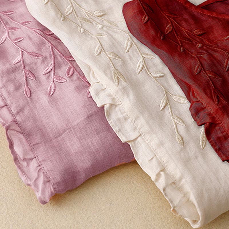 Buddha Stones Casual Plain Embroidery Willow Leaf Half Sleeve V-neck Women's Shirt - image 7