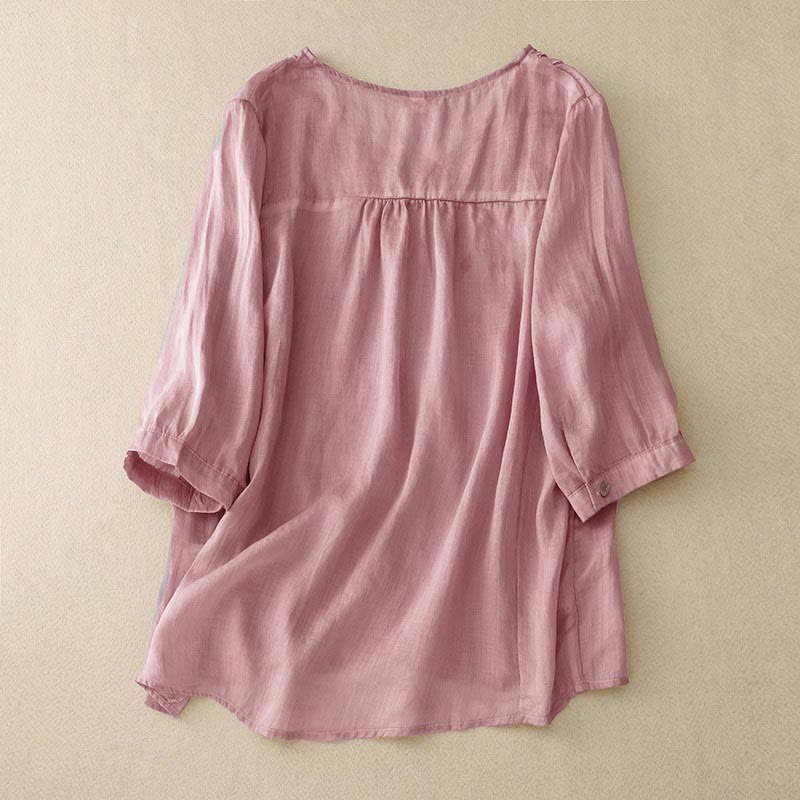 Buddha Stones Casual Plain Embroidery Willow Leaf Half Sleeve V-neck Women's Shirt - image 1