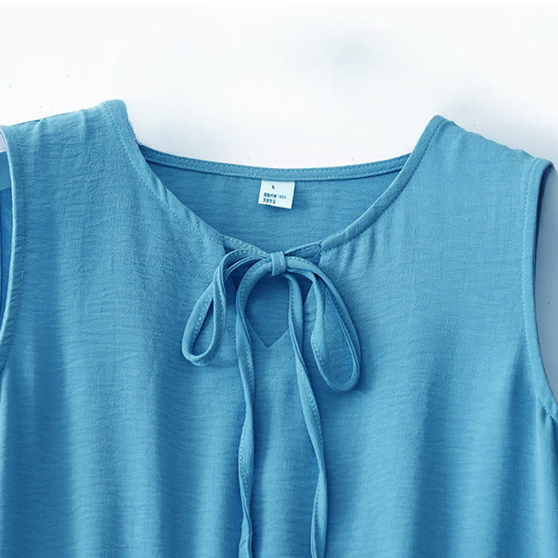 Buddha Stones Casual Plain Handmade Lace-up Midi Dress Cotton Linen Sleeveless Dress With Pockets - image 9