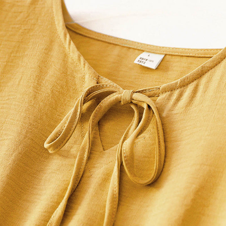 Buddha Stones Casual Plain Handmade Lace-up Midi Dress Cotton Linen Sleeveless Dress With Pockets - image 12