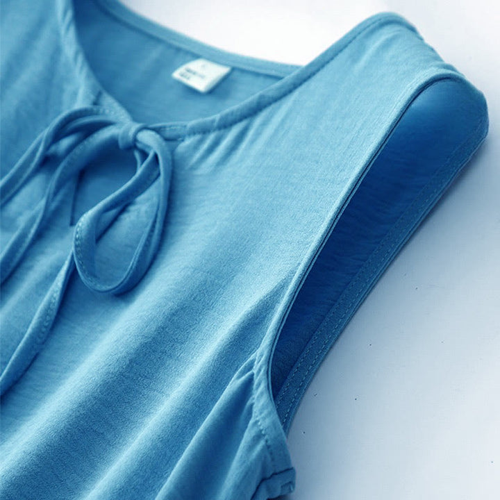 Buddha Stones Casual Plain Handmade Lace-up Midi Dress Cotton Linen Sleeveless Dress With Pockets - image 7