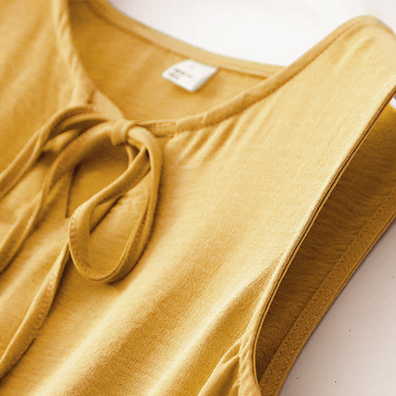 Buddha Stones Casual Plain Handmade Lace-up Midi Dress Cotton Linen Sleeveless Dress With Pockets - image 16