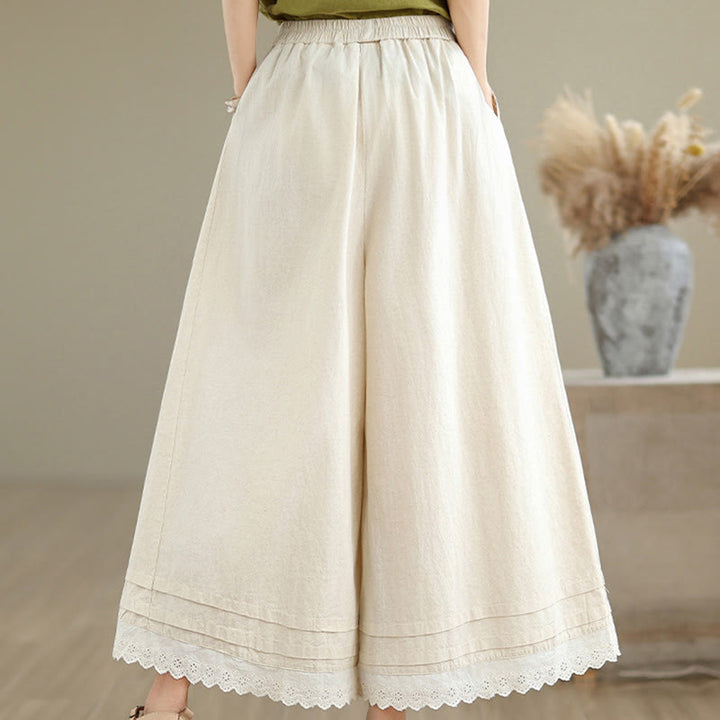 Buddha Stones Commute Simple Lace Design 7-8 Length Women's Wide Leg Cotton Linen Pants With Pockets - image 4
