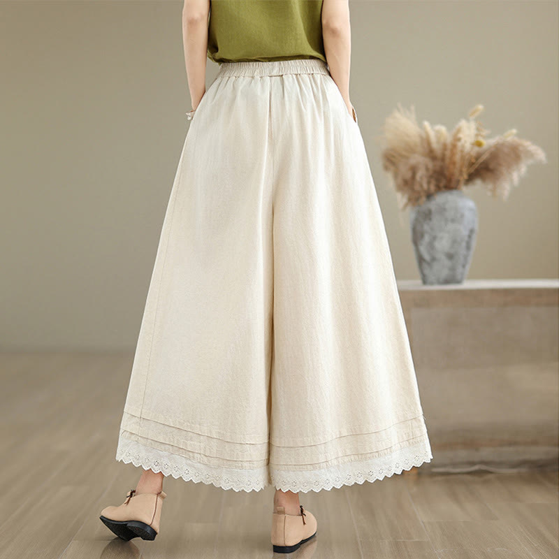 Buddha Stones Commute Simple Lace Design 7-8 Length Women's Wide Leg Cotton Linen Pants With Pockets - image 1