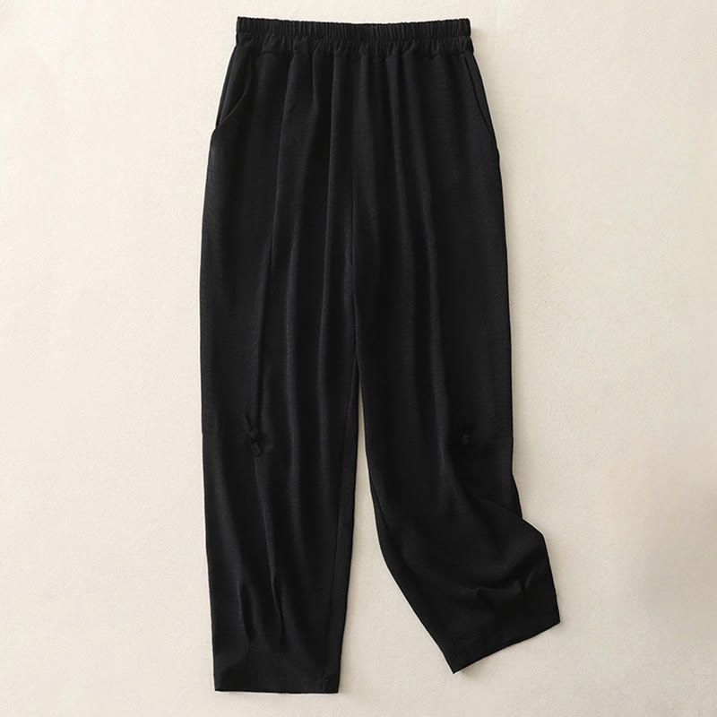 Buddha Stones Commute Casual Plain Frog-Button Design Women's Harem Cotton Linen 7-8 Length Pants With Pockets - Black - US8-10，UK/AU12-14，EU40-42 (2XL) - image 9