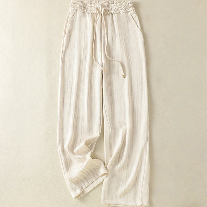 Buddha Stones Artistic Casual Vertical Lines Pattern Drawstring Ankle-length Women's Pants With Pockets - Beige - US8-10，UK/AU12-14，EU40-42 (2XL) - image 1