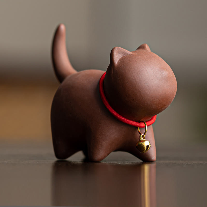 Buddha Stones Mini Lovely Red Rope Bell Cat Tea Pet Purple Clay Figurine Desk Decoration - Brown Cat (6.7*5.0*5.7cm) - image 1