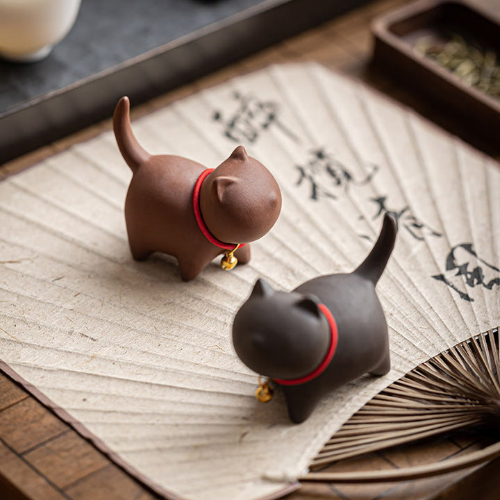Buddha Stones Mini Lovely Red Rope Bell Cat Tea Pet Purple Clay Figurine Desk Decoration - image 1