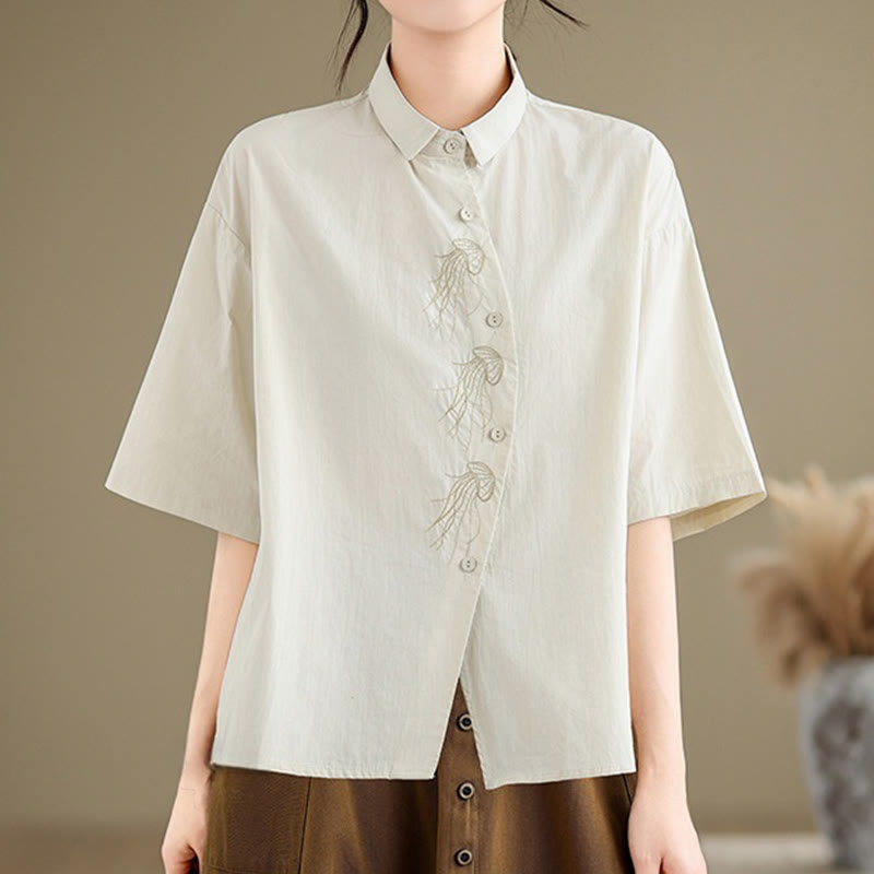 Buddha Stones Casual Women's Embroidered Jellyfish Pattern Stand Collar Buttons Design Half Sleeve Cotton Shirt - Beige - US14，UK/AU18，EU46 (2XL) - image 1