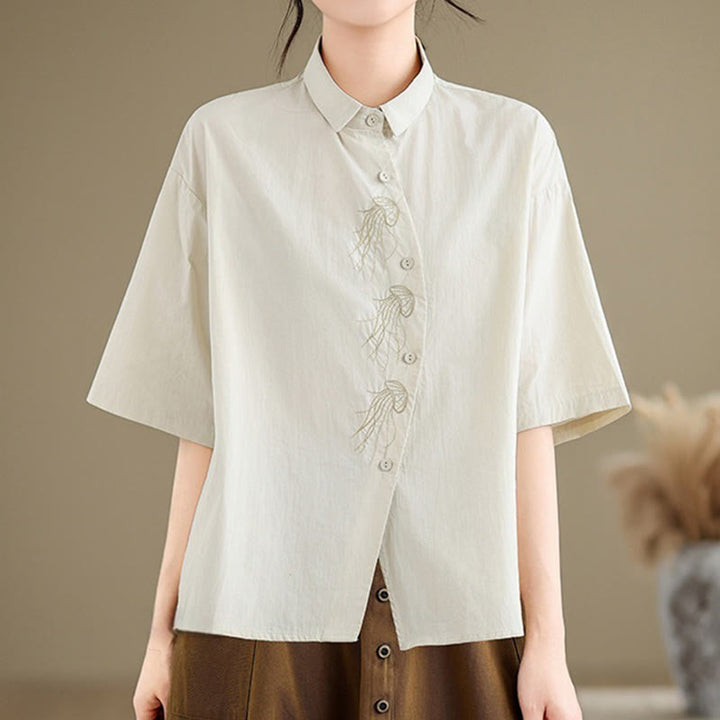 Buddha Stones Casual Women's Embroidered Jellyfish Pattern Stand Collar Buttons Design Half Sleeve Cotton Shirt - Beige - US14，UK/AU18，EU46 (2XL) - image 1