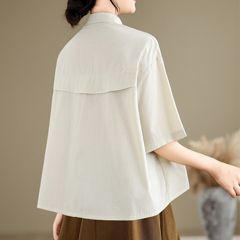 Buddha Stones Casual Women's Embroidered Jellyfish Pattern Stand Collar Buttons Design Half Sleeve Cotton Shirt - image 3