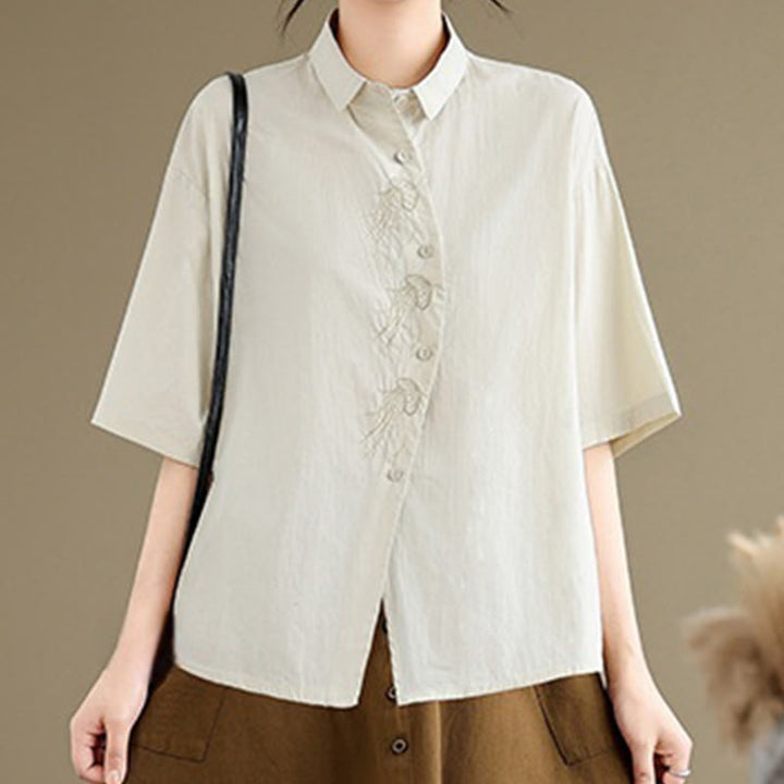 Buddha Stones Casual Women's Embroidered Jellyfish Pattern Stand Collar Buttons Design Half Sleeve Cotton Shirt - image 6