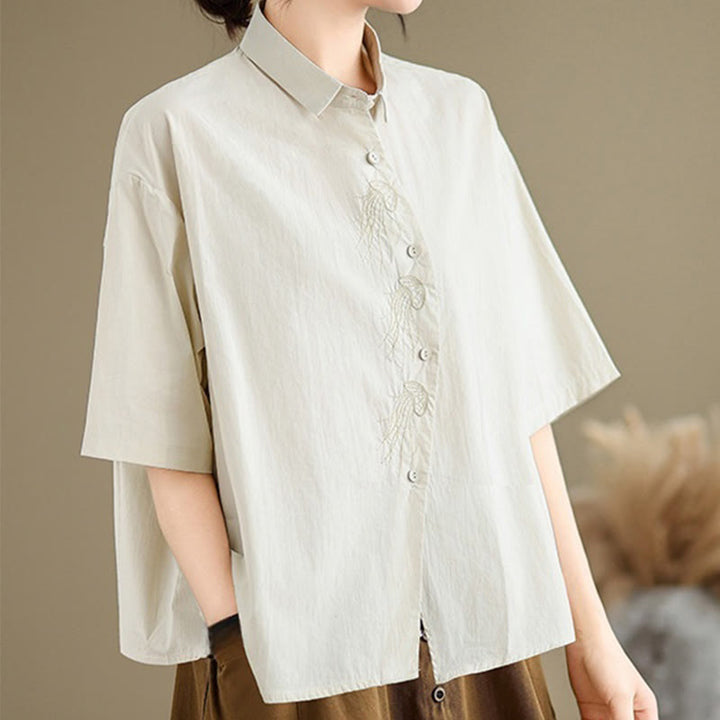 Buddha Stones Casual Women's Embroidered Jellyfish Pattern Stand Collar Buttons Design Half Sleeve Cotton Shirt - image 3