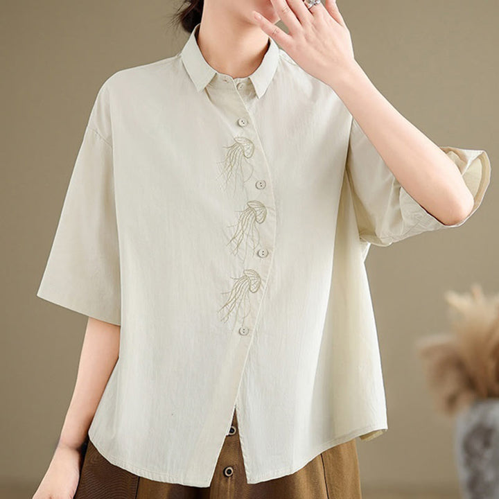 Buddha Stones Casual Women's Embroidered Jellyfish Pattern Stand Collar Buttons Design Half Sleeve Cotton Shirt - image 5